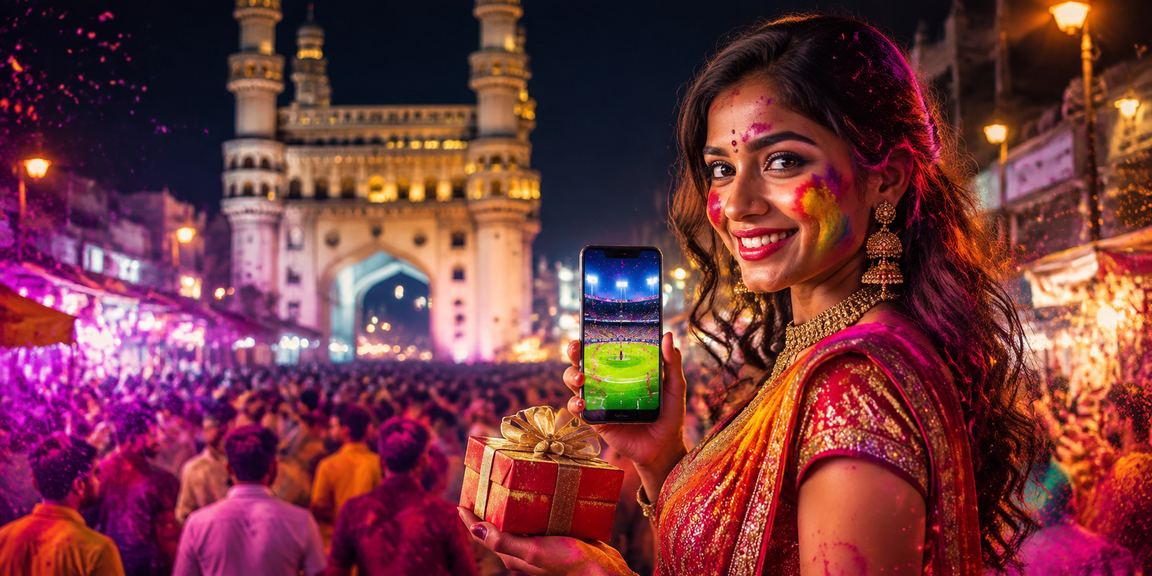 Hyderabad Charminar view during Holi festival, lively gambling scene