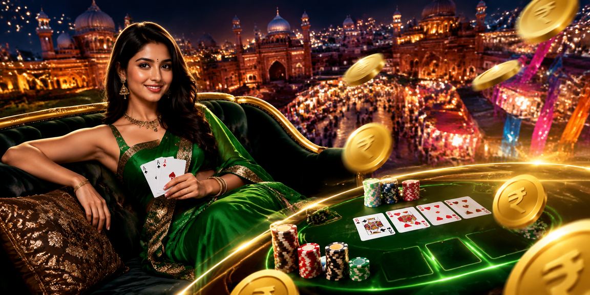 Indian woman playing poker in elegant saree at live casino table